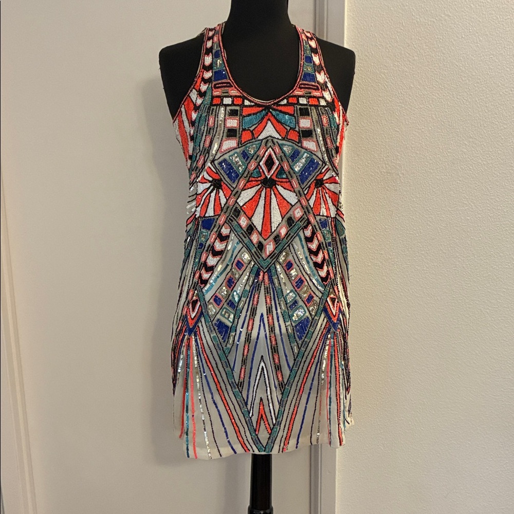 Parker “Ramsey” Colorful Geometric Beaded Dress in Shock Pink XS